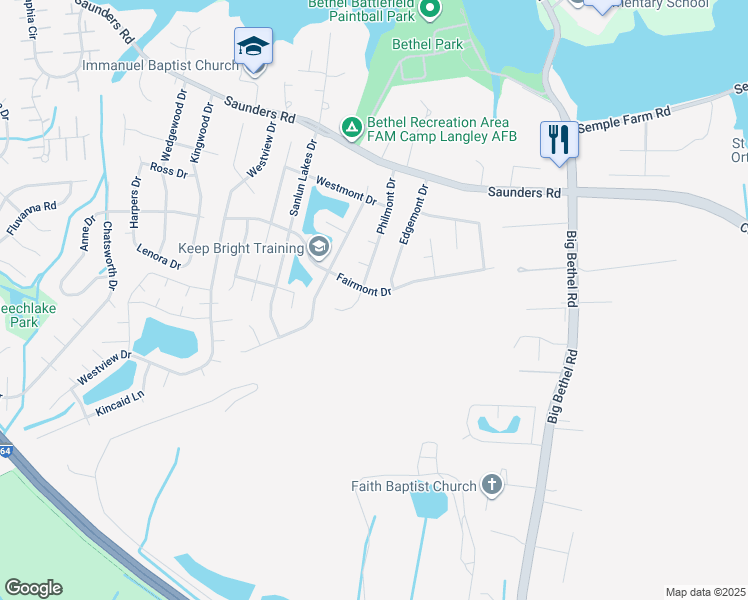 map of restaurants, bars, coffee shops, grocery stores, and more near 139 Fairmont Drive in Hampton
