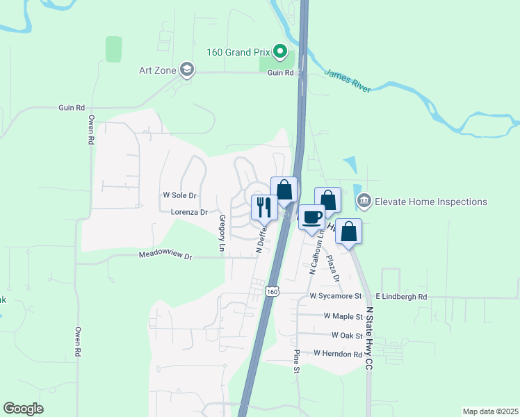 map of restaurants, bars, coffee shops, grocery stores, and more near 30 English Village Park in Nixa