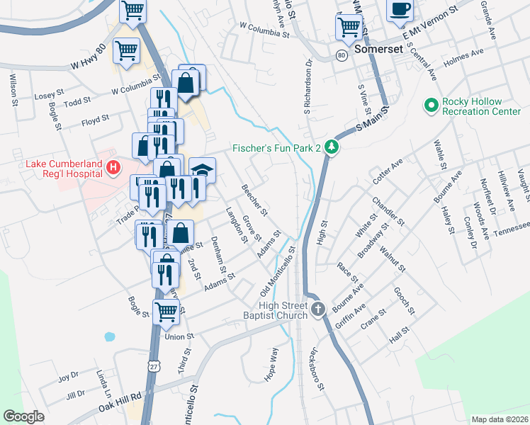 map of restaurants, bars, coffee shops, grocery stores, and more near 105-199 Beecher Street in Somerset