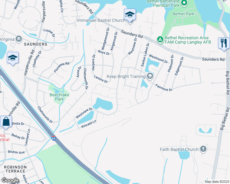 map of restaurants, bars, coffee shops, grocery stores, and more near 62 Westview Drive in Hampton
