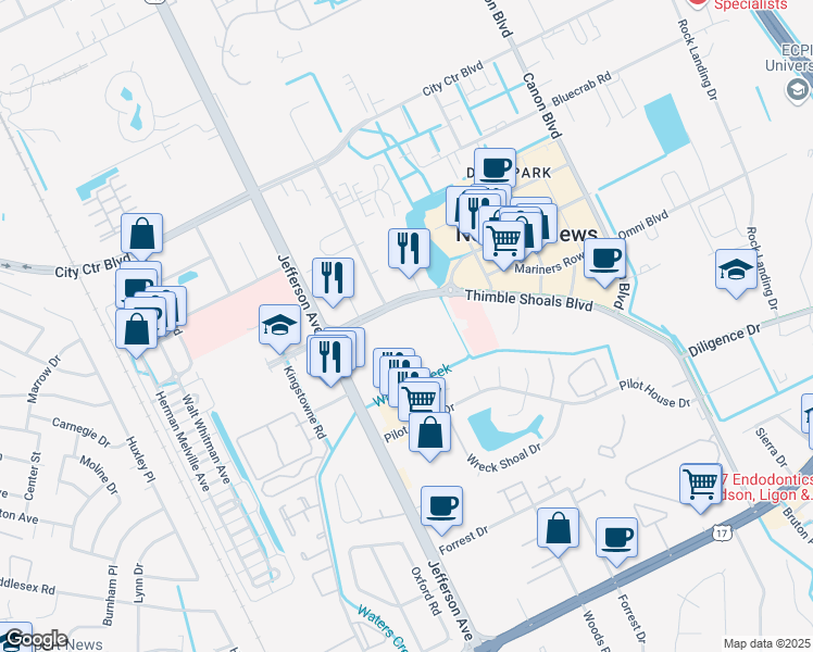 map of restaurants, bars, coffee shops, grocery stores, and more near 700 Thimble Shoals Blvd in Newport News