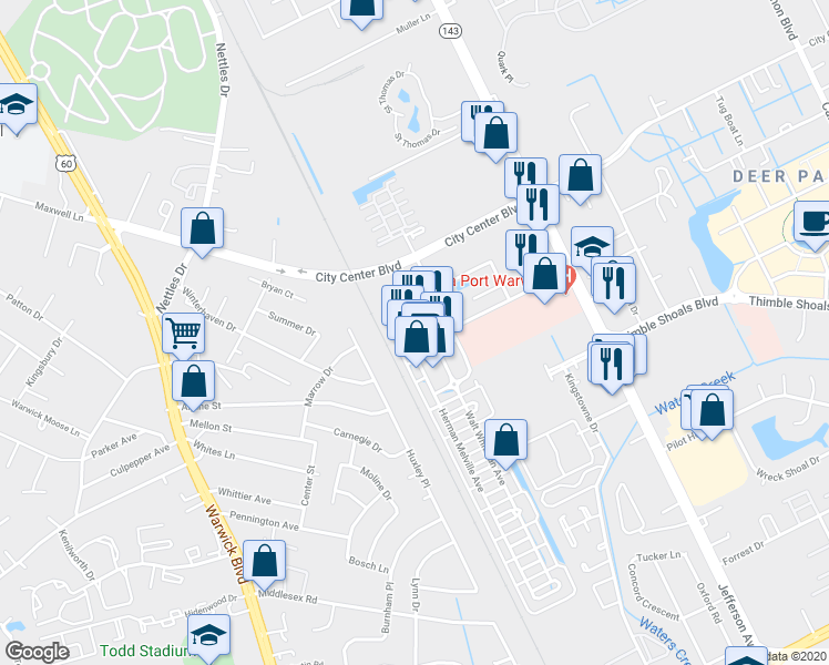 map of restaurants, bars, coffee shops, grocery stores, and more near 4319 William Styron Square North in Newport News