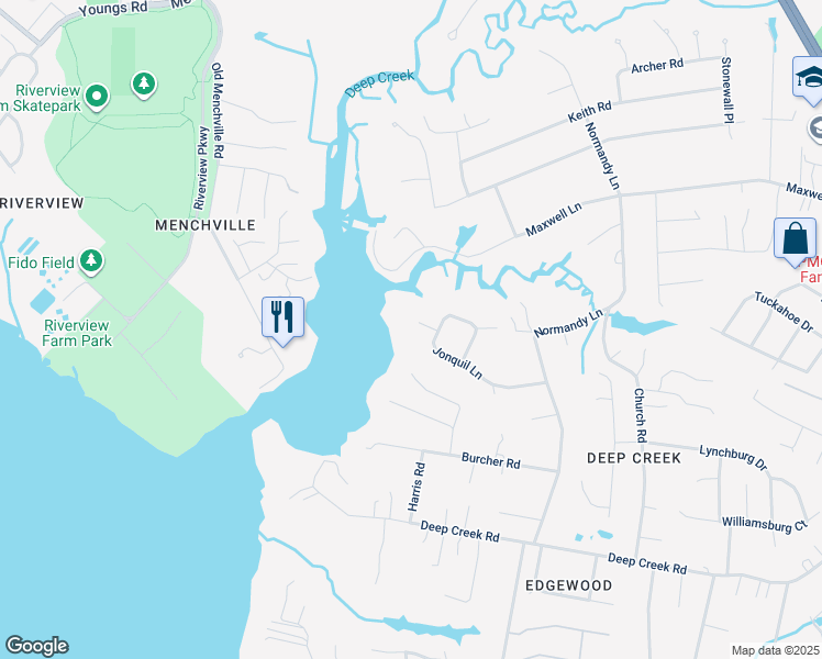 map of restaurants, bars, coffee shops, grocery stores, and more near 4 Willard Place in Newport News