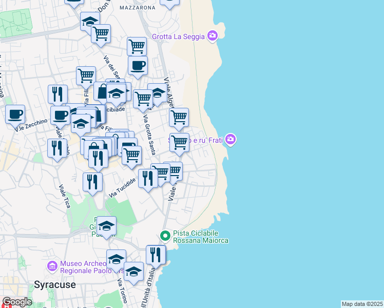 map of restaurants, bars, coffee shops, grocery stores, and more near 27 Via Romagna in Siracusa