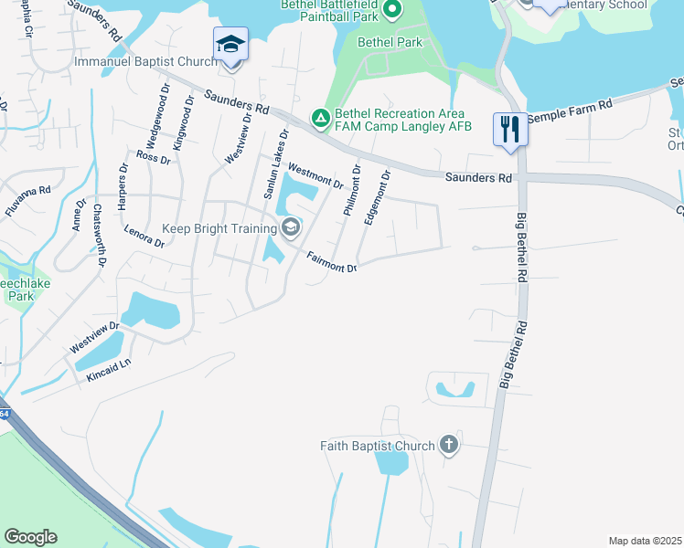 map of restaurants, bars, coffee shops, grocery stores, and more near 139 Fairmont Drive in Hampton