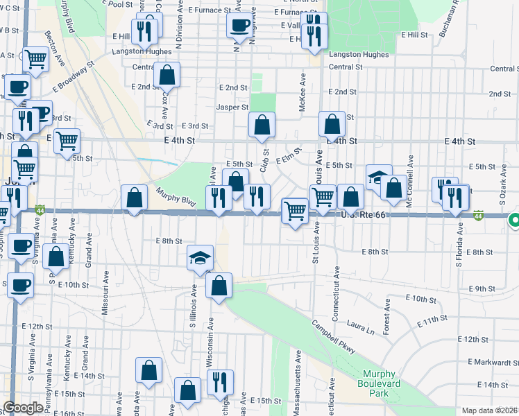 map of restaurants, bars, coffee shops, grocery stores, and more near 610 Club Street in Joplin