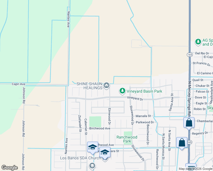 map of restaurants, bars, coffee shops, grocery stores, and more near 527 Burgundy Street in Los Banos