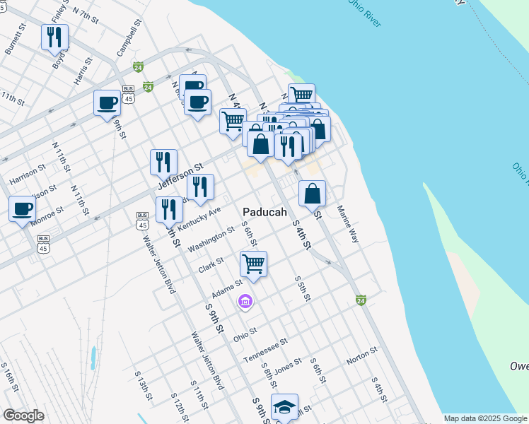 map of restaurants, bars, coffee shops, grocery stores, and more near in Paducah