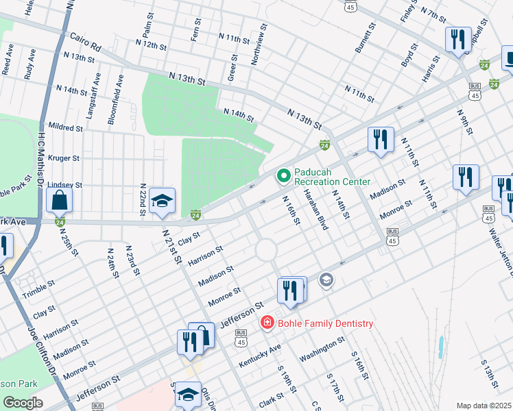 map of restaurants, bars, coffee shops, grocery stores, and more near 1672 U.S. 60 Business in Paducah