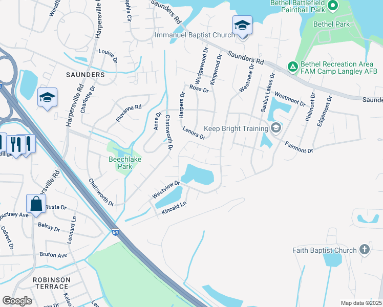 map of restaurants, bars, coffee shops, grocery stores, and more near 64 Dawn Lane in Hampton