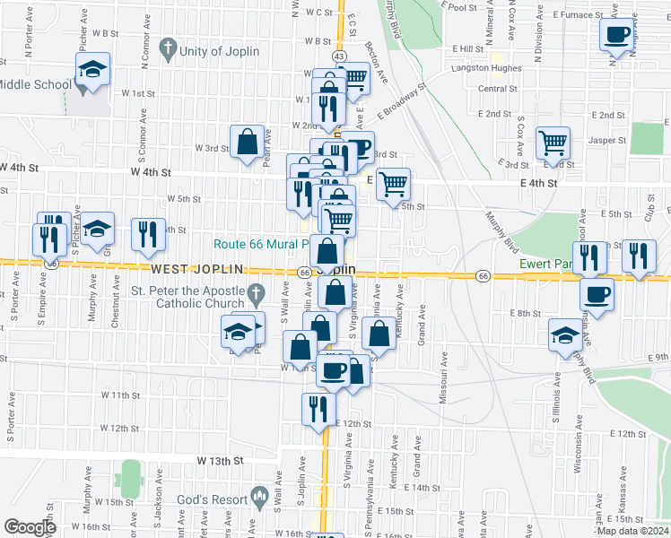 map of restaurants, bars, coffee shops, grocery stores, and more near 49 East 7th Street in Joplin