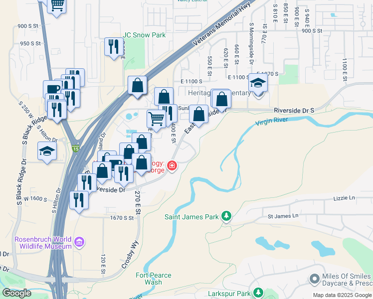 map of restaurants, bars, coffee shops, grocery stores, and more near 400 East Riverside Drive in St. George