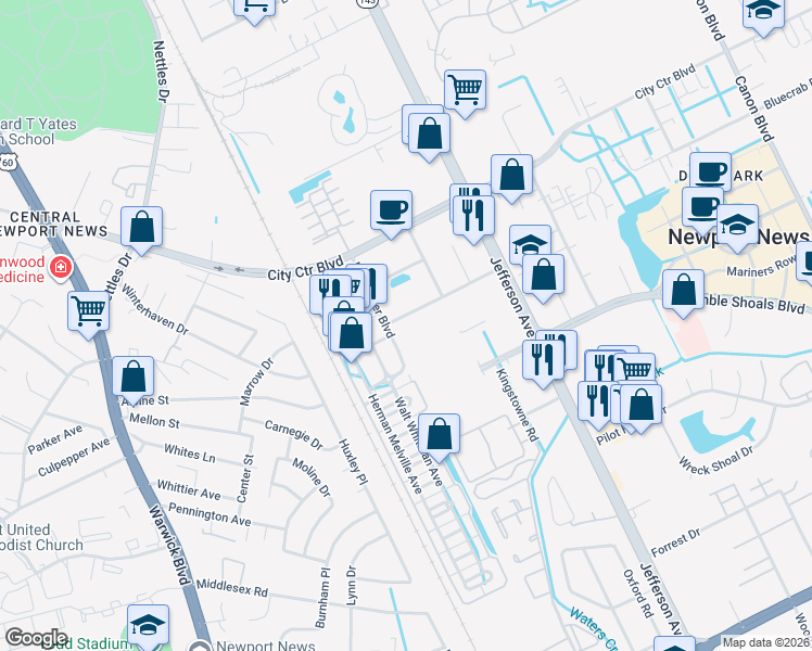 map of restaurants, bars, coffee shops, grocery stores, and more near 1085 Loftis Boulevard in Newport News