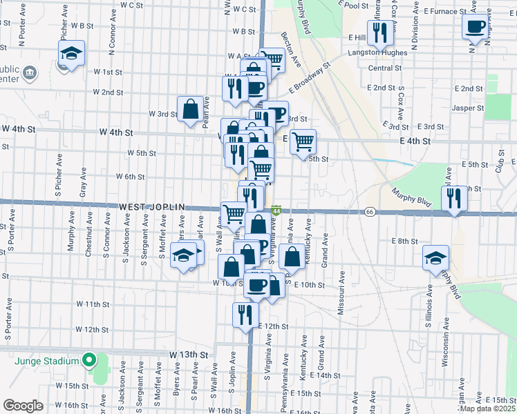 map of restaurants, bars, coffee shops, grocery stores, and more near in Joplin