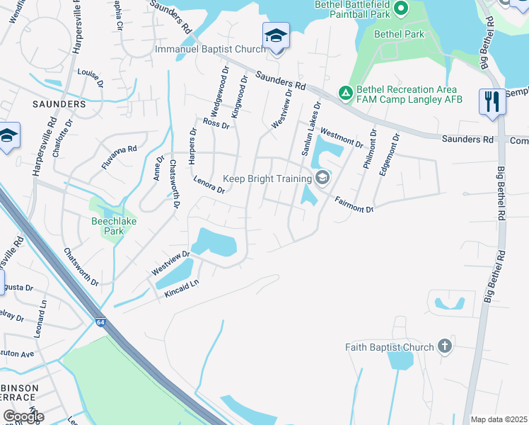 map of restaurants, bars, coffee shops, grocery stores, and more near 23 Natalie Drive in Hampton