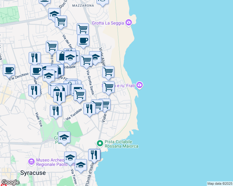 map of restaurants, bars, coffee shops, grocery stores, and more near 27 Via Romagna in Siracusa