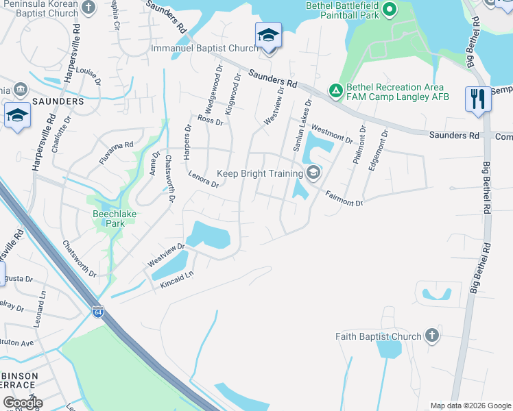 map of restaurants, bars, coffee shops, grocery stores, and more near 10 Lake Walk Crossing in Hampton