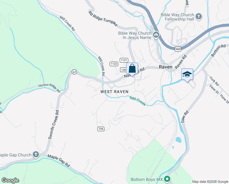 map of restaurants, bars, coffee shops, grocery stores, and more near State Route 750 in Raven