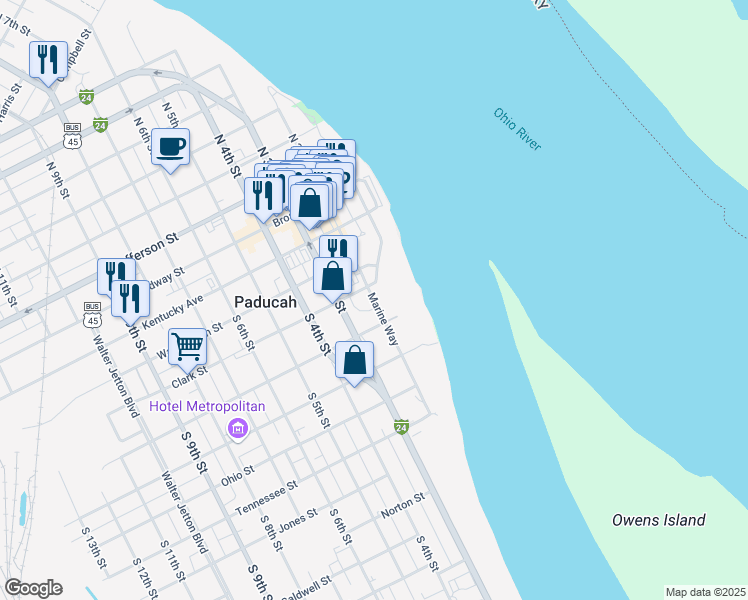 map of restaurants, bars, coffee shops, grocery stores, and more near 432 Marine Way in Paducah