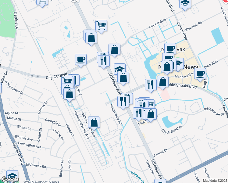 map of restaurants, bars, coffee shops, grocery stores, and more near 504 Waters Edge Drive in Newport News