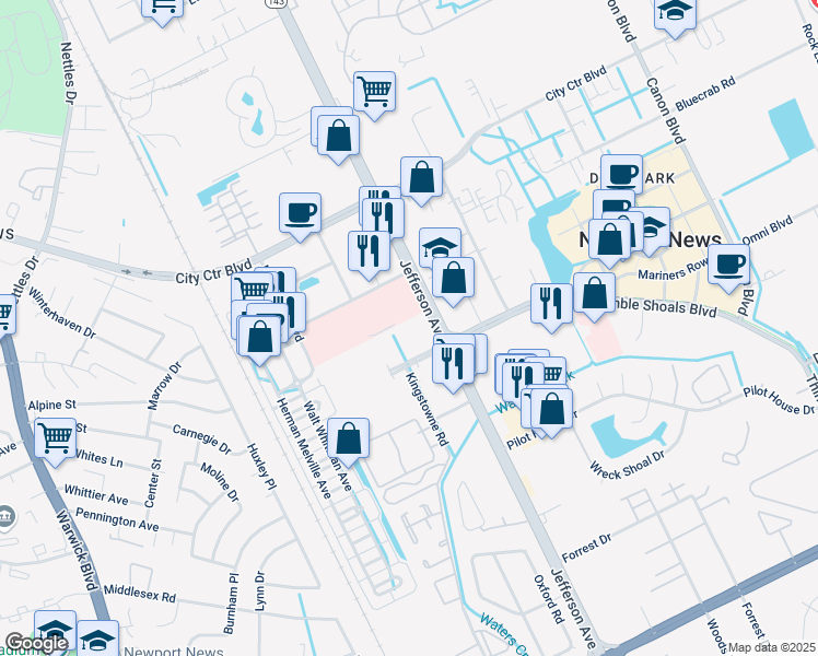 map of restaurants, bars, coffee shops, grocery stores, and more near 504 Waters Edge Drive in Newport News