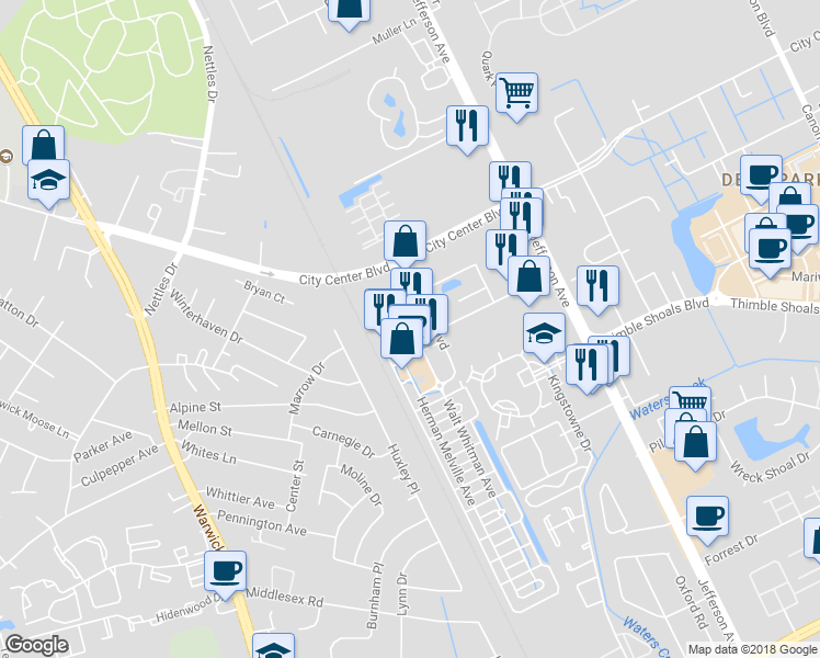 map of restaurants, bars, coffee shops, grocery stores, and more near 3124 William Styron Square North in Newport News