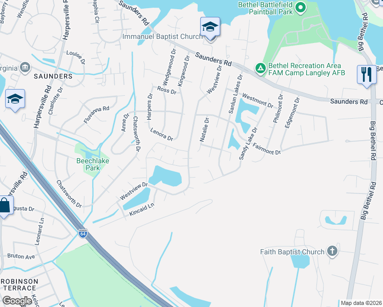 map of restaurants, bars, coffee shops, grocery stores, and more near 62 Westview Drive in Hampton