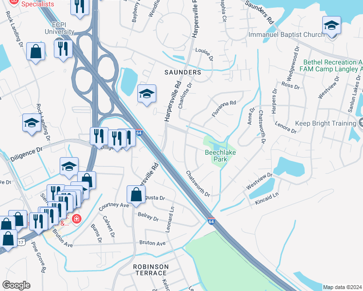 map of restaurants, bars, coffee shops, grocery stores, and more near 830 Olive Drive in Newport News