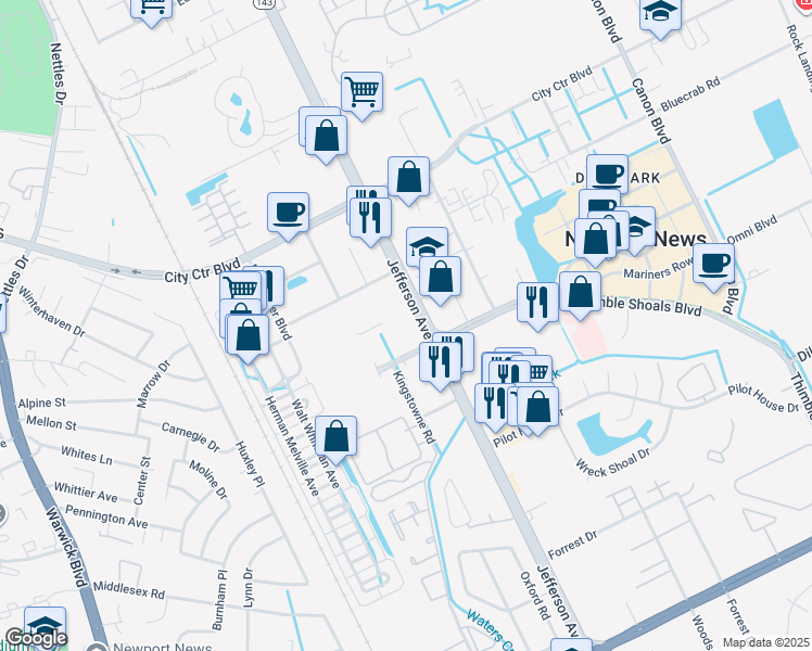 map of restaurants, bars, coffee shops, grocery stores, and more near 504 Waters Edge Drive in Newport News
