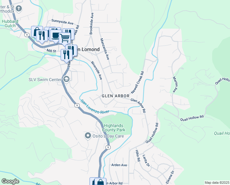 map of restaurants, bars, coffee shops, grocery stores, and more near 9292 Glen Arbor Road in Ben Lomond