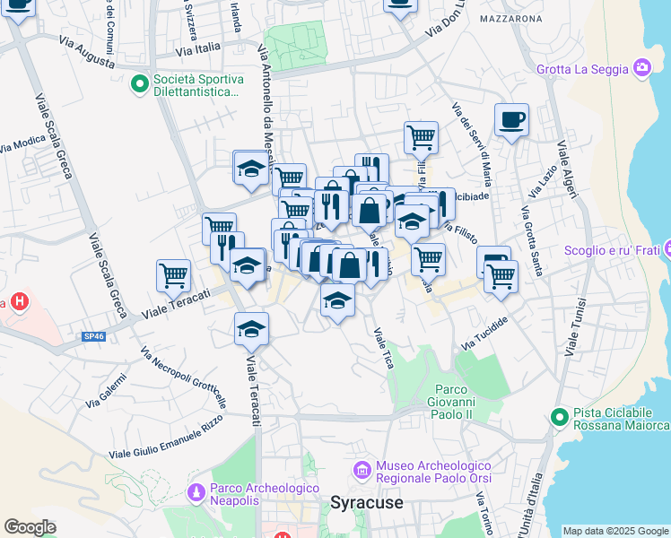 map of restaurants, bars, coffee shops, grocery stores, and more near 13 Via Francesco Laurana in Siracusa