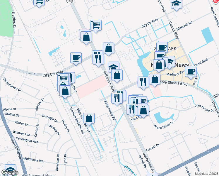 map of restaurants, bars, coffee shops, grocery stores, and more near 500 Waters Edge Drive in Newport News