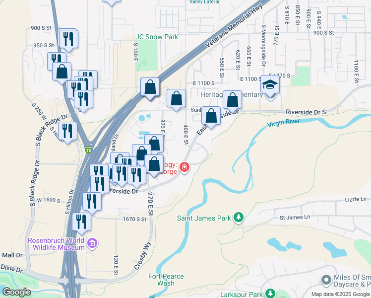 map of restaurants, bars, coffee shops, grocery stores, and more near 393 East Riverside Drive in St. George
