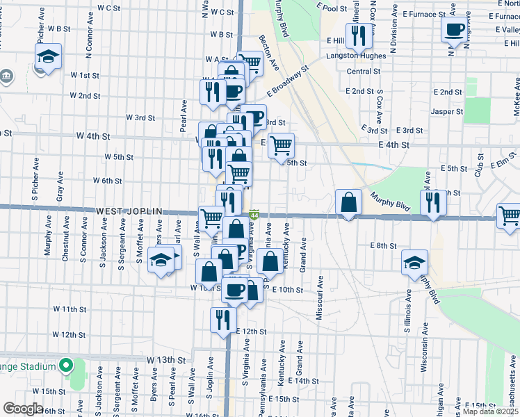 map of restaurants, bars, coffee shops, grocery stores, and more near 215 East 7th Street in Joplin