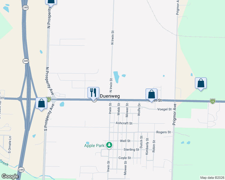 map of restaurants, bars, coffee shops, grocery stores, and more near 215 North Irwin Street in Duenweg