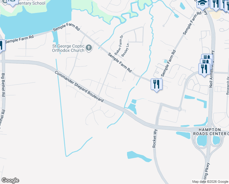 map of restaurants, bars, coffee shops, grocery stores, and more near 9 Clydesdale Court in Hampton