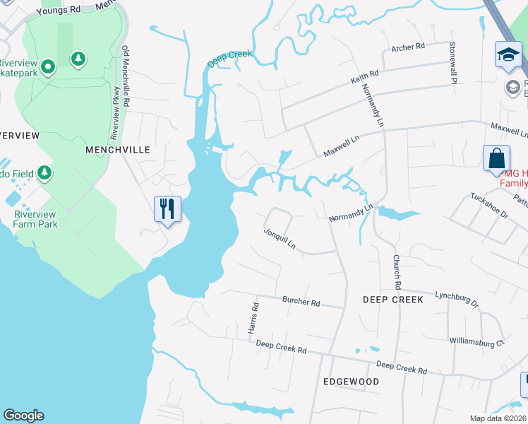 map of restaurants, bars, coffee shops, grocery stores, and more near 7 Willard Place in Newport News