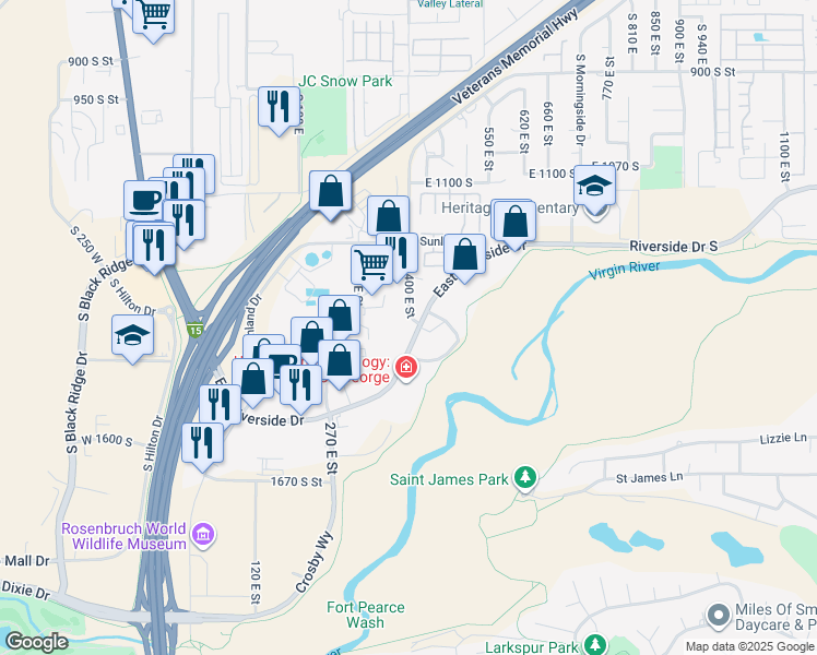 map of restaurants, bars, coffee shops, grocery stores, and more near 393 East Riverside Drive in St. George