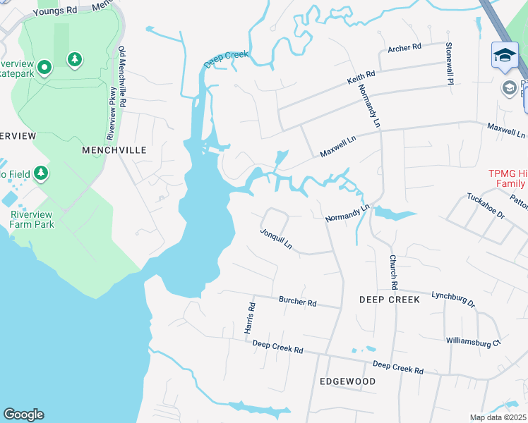 map of restaurants, bars, coffee shops, grocery stores, and more near 43 Jonquil Lane in Newport News