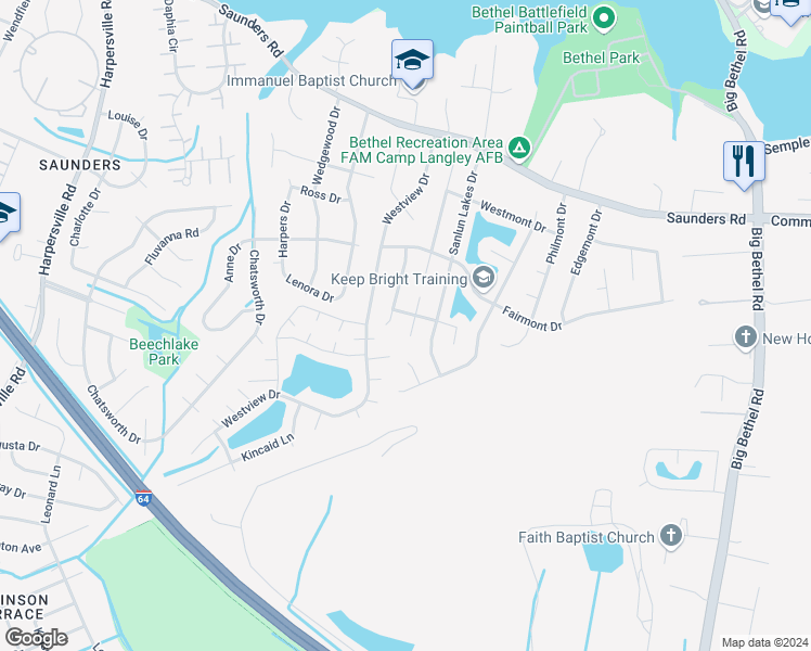map of restaurants, bars, coffee shops, grocery stores, and more near 12 Lake Walk Crossing in Hampton