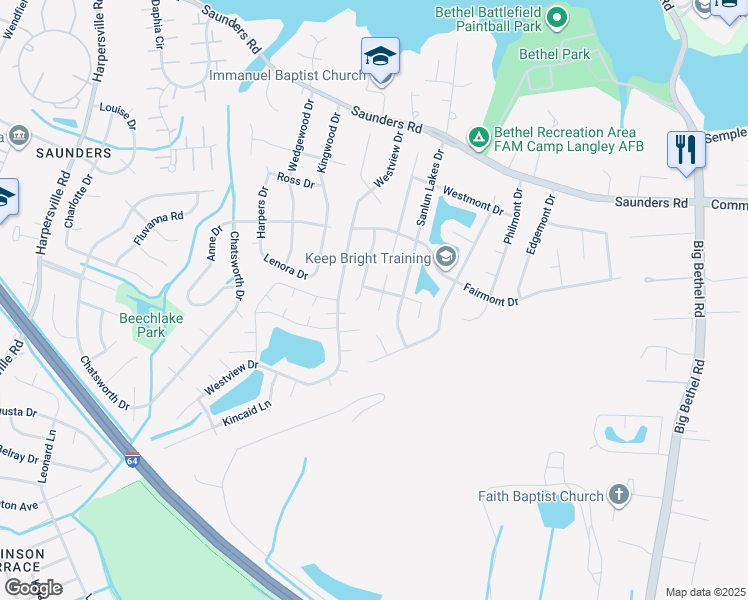 map of restaurants, bars, coffee shops, grocery stores, and more near 12 Lake Walk Crossing in Hampton