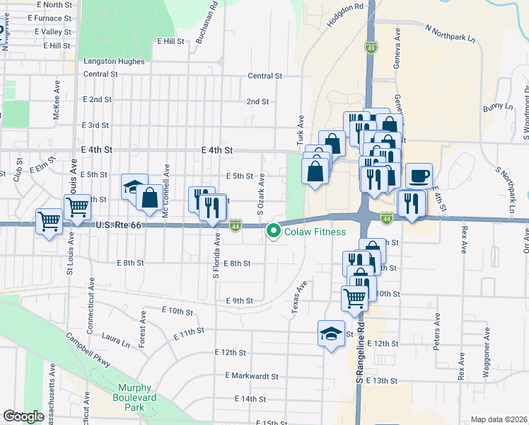 map of restaurants, bars, coffee shops, grocery stores, and more near 615 South Ozark Avenue in Joplin