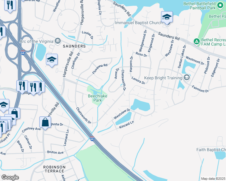 map of restaurants, bars, coffee shops, grocery stores, and more near 214 Anne Drive in Newport News