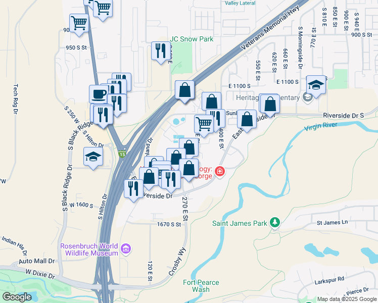 map of restaurants, bars, coffee shops, grocery stores, and more near 1346 South 320 East in St. George