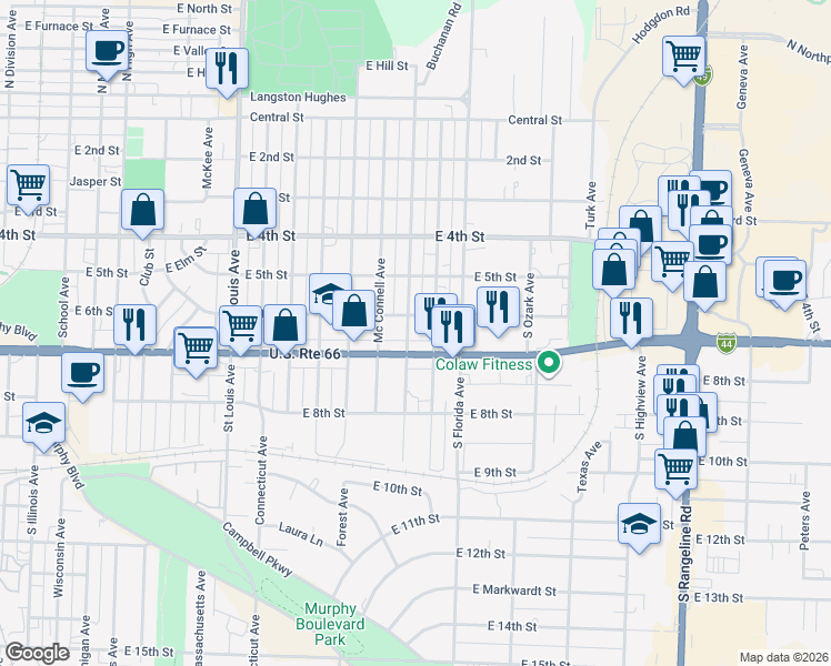 map of restaurants, bars, coffee shops, grocery stores, and more near 613 Patterson Avenue in Joplin