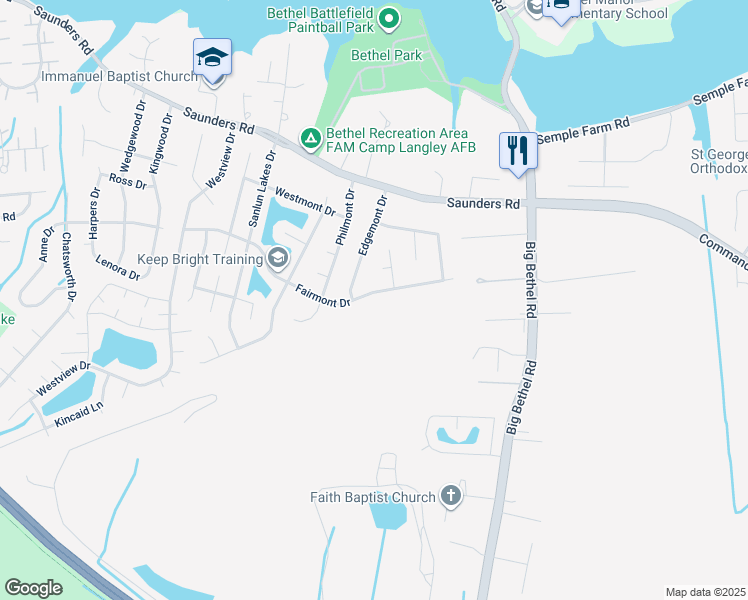map of restaurants, bars, coffee shops, grocery stores, and more near 125 Fairmont Drive in Hampton