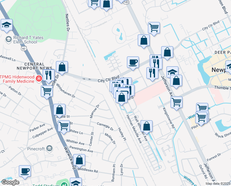 map of restaurants, bars, coffee shops, grocery stores, and more near 111 Herman Melville Avenue in Newport News