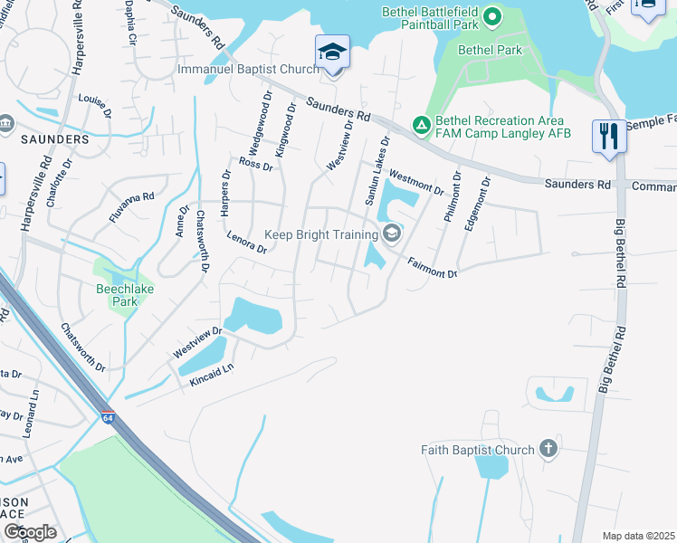 map of restaurants, bars, coffee shops, grocery stores, and more near 11 Lake Walk Crossing in Hampton