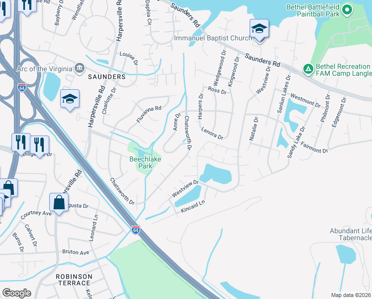 map of restaurants, bars, coffee shops, grocery stores, and more near 732 Chatsworth Drive in Newport News