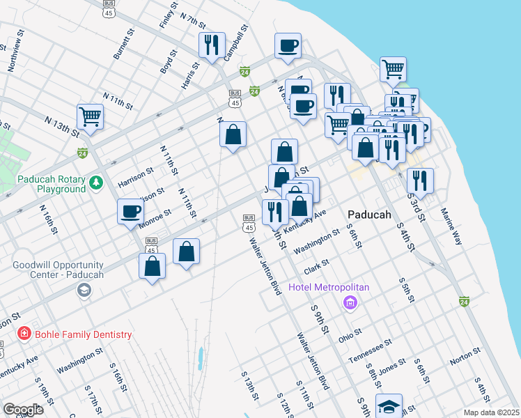 map of restaurants, bars, coffee shops, grocery stores, and more near 101-151 N 9th St in Paducah